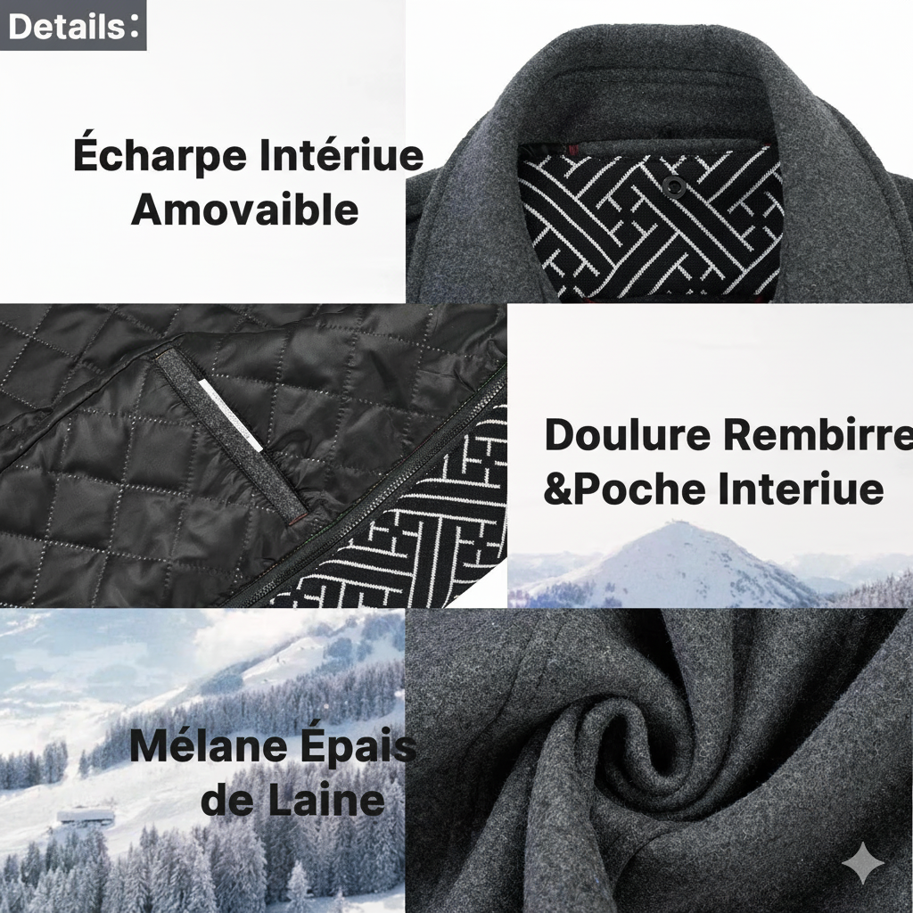 Manteau en laine épaisse mélangée pour homme avec écharpe amovible