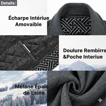 Manteau en laine épaisse mélangée pour homme avec écharpe amovible
