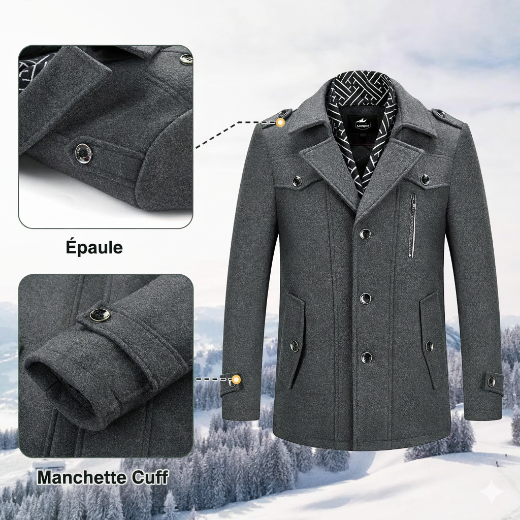Manteau en laine épaisse mélangée pour homme avec écharpe amovible