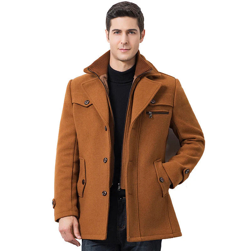 Manteau britannique en laine mélangée double épaisseur pour homme