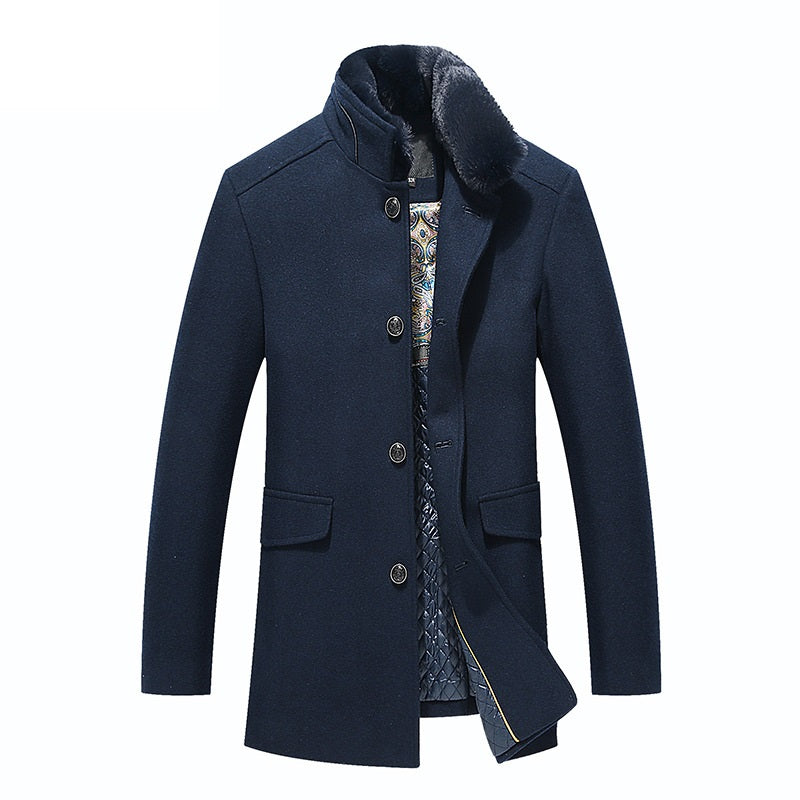 Detachable Fur Collar Men's Premium Wool Coat